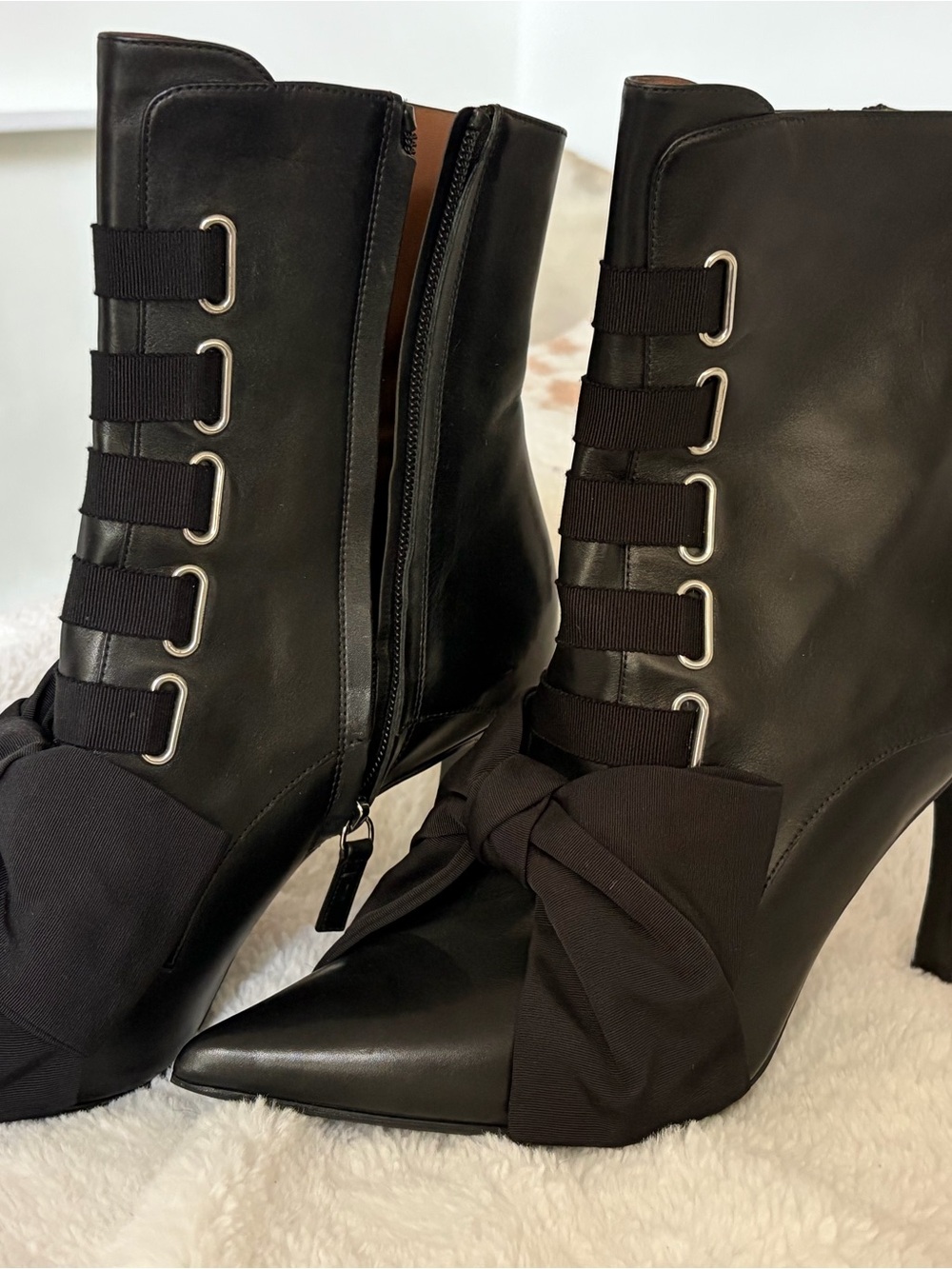 Tabitha Simmons Black Leather Pointed-Toe Ankle Boots with Bow & Strap Detail